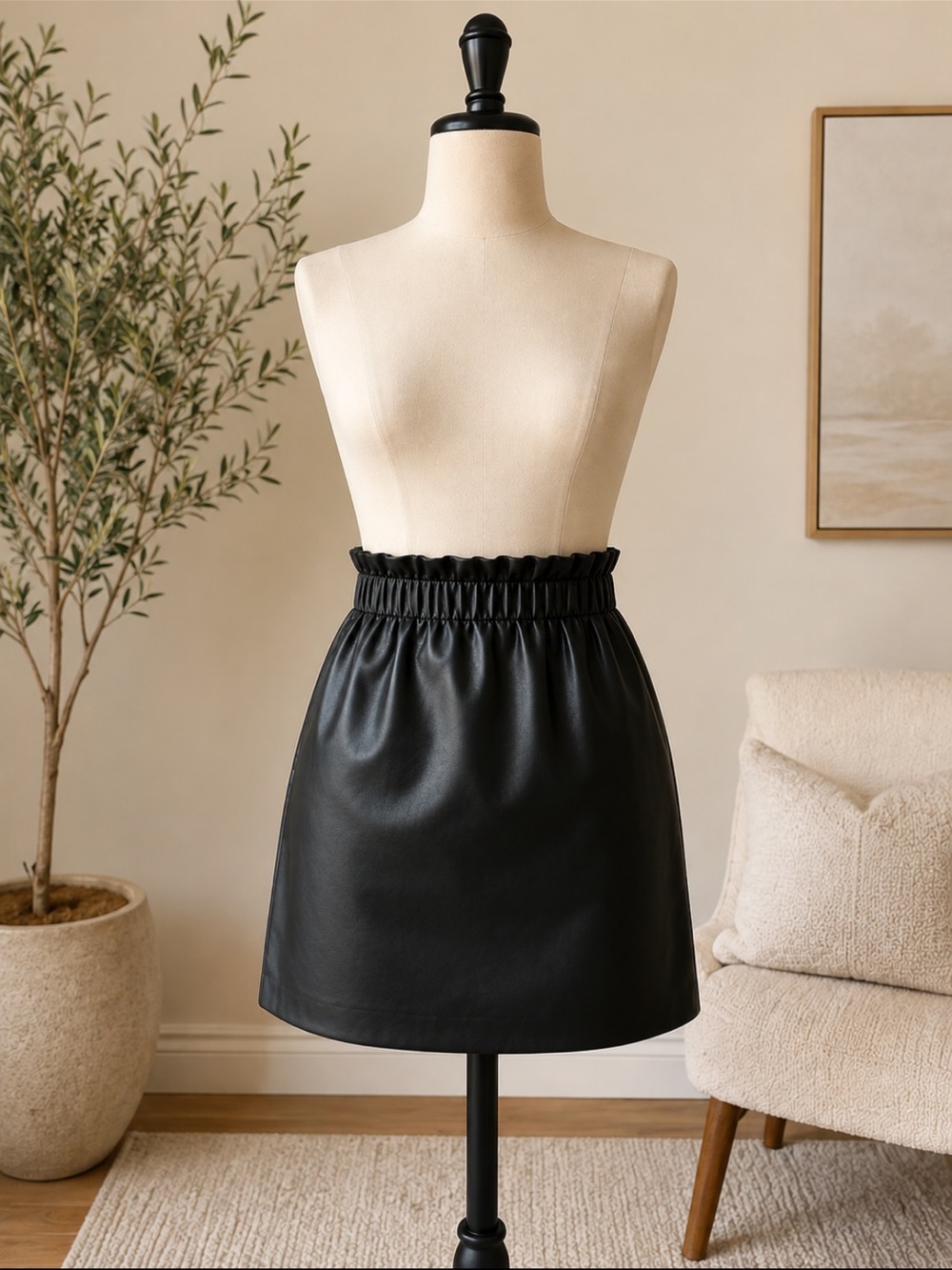 Black Faux Leather High Waisted Elastic-Waist Mini Skirt